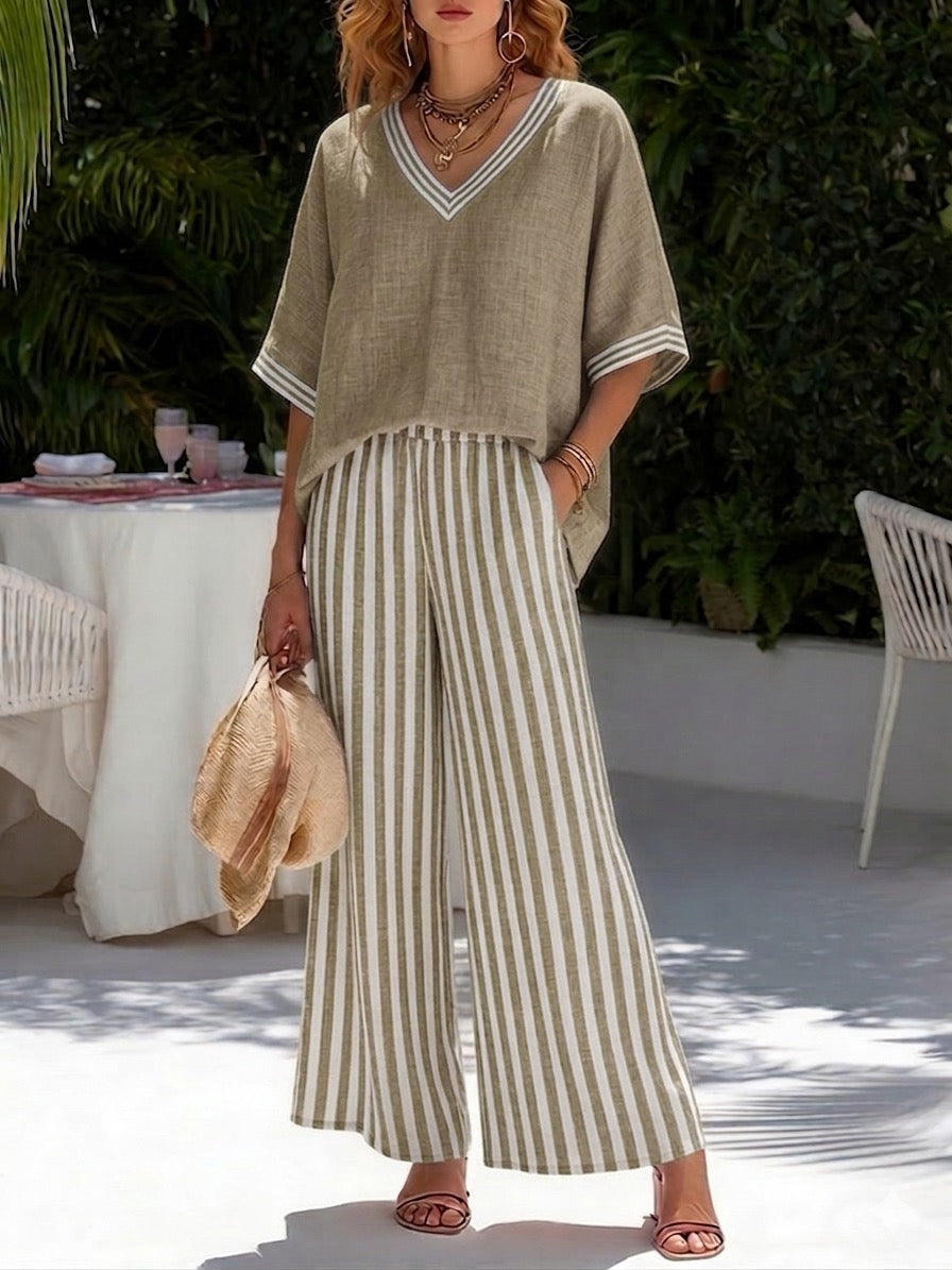 Completo Donna Rigato Lino Cotone Taglio Ampio Elegante Casual