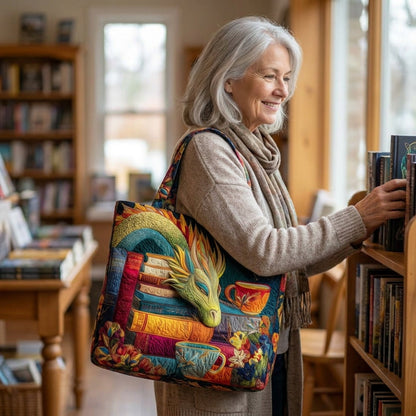 Borsa Artigianale - Lettore di Draghi con Libri e Tazze