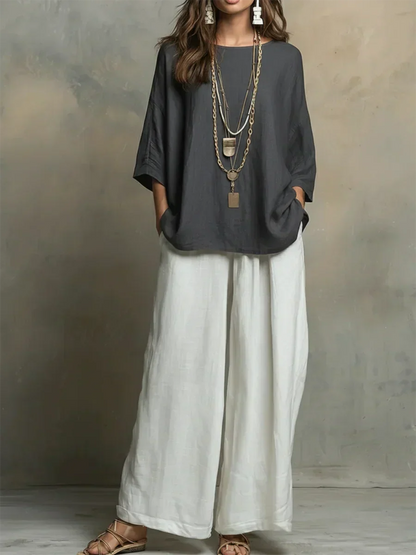 Completo Donna Lino Due Pezzi Ampio Casual Stile Estivo