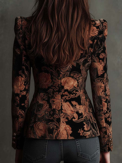 Blazer Tailored Nero e Bronzo con Stampa Floreale per Donne
