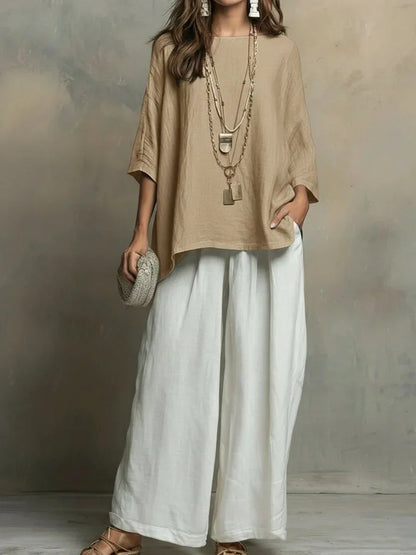 Completo Donna Lino Due Pezzi Ampio Casual Stile Estivo