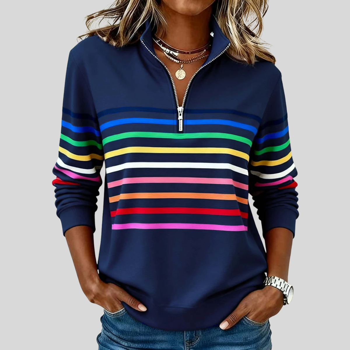 Arianna™ | Felpa a righe colorate con zip a quarto