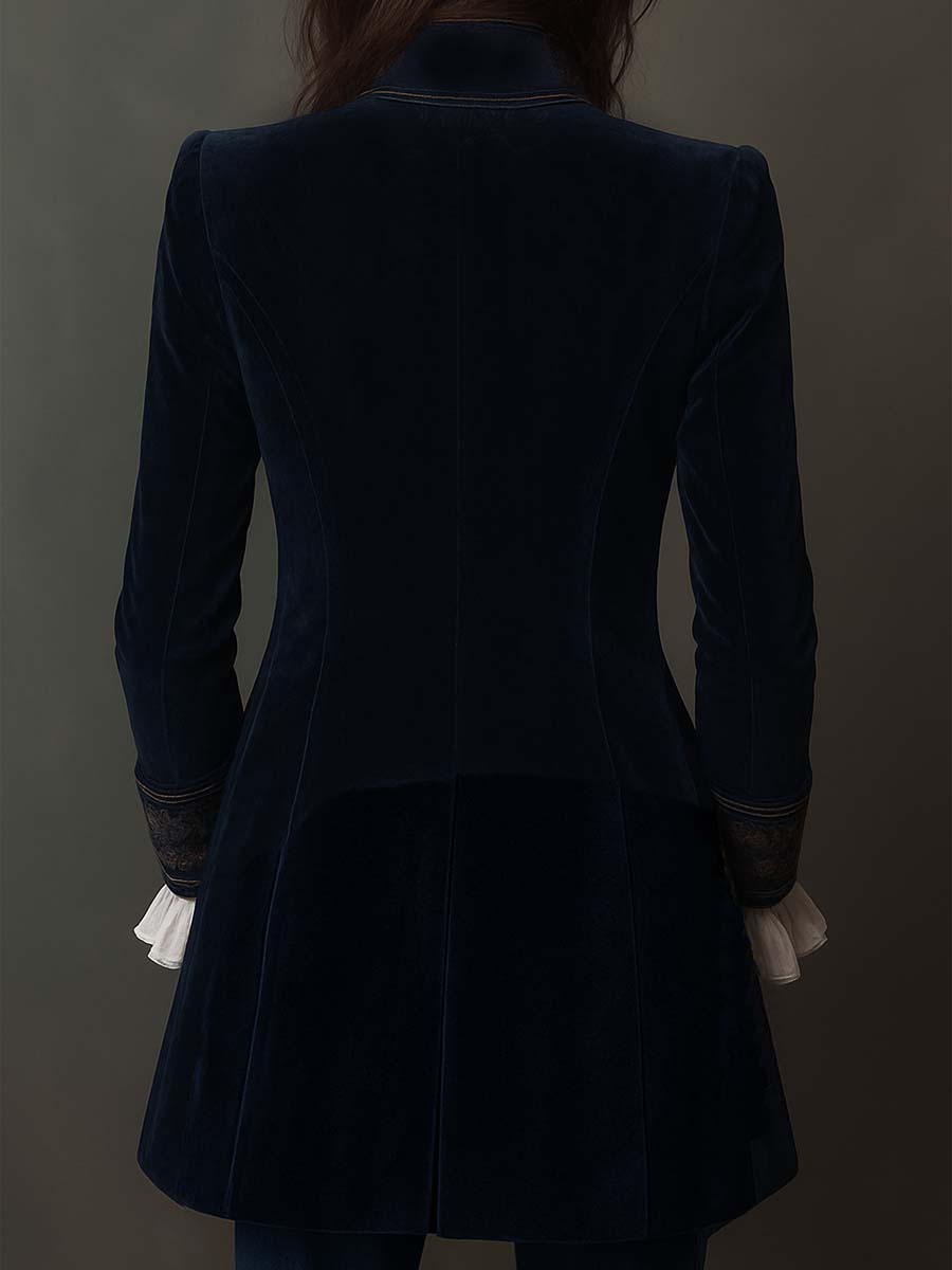 Giacca Longline Vintage Ricamata per Donne in Blu Navy