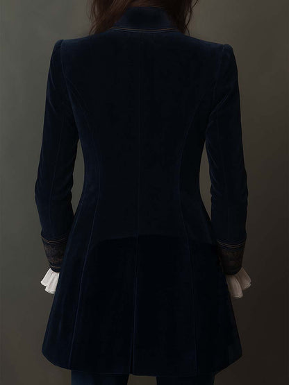 Giacca Longline Vintage Ricamata per Donne in Blu Navy