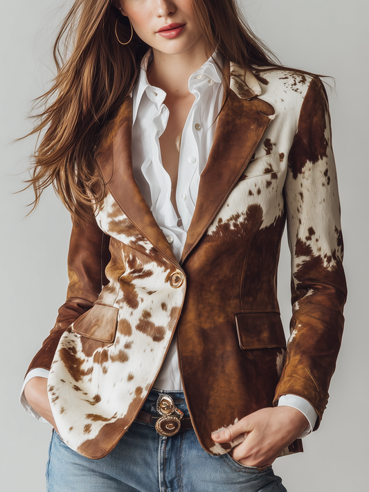 Blazer Eco-Friendly Vintage a Stampa Mucca per Donne