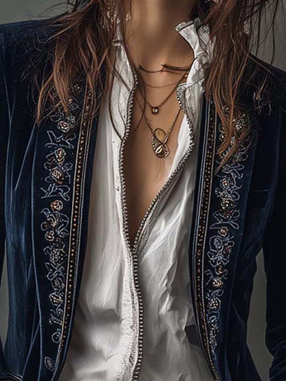 Giacca Longline Vintage Ricamata per Donne in Blu Navy