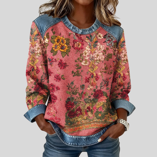 Cristina™ | Felpa con stampa floreale e bordi in denim