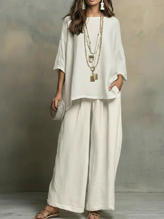 Completo Donna Lino Due Pezzi Ampio Casual Stile Estivo