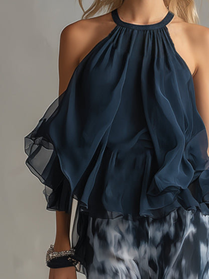 Completo Due Pezzi Donna Top Halter Volant Pantalone Largo Chiffon Elegante