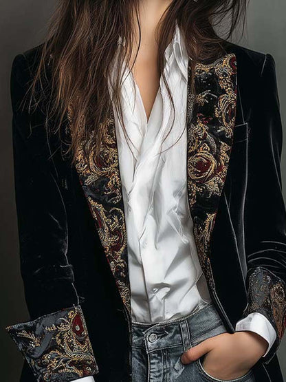 Blazer Slim Fit Nero con Stampa Barocca da Donna