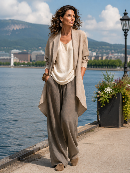 Completo donna tre pezzi effetto lino con pantaloni larghi