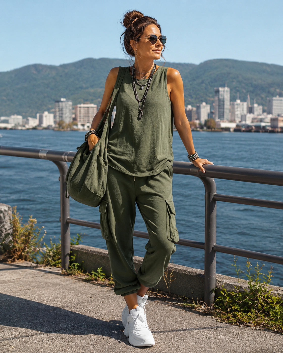 Completo donna casual con top senza maniche e pantaloni cargo