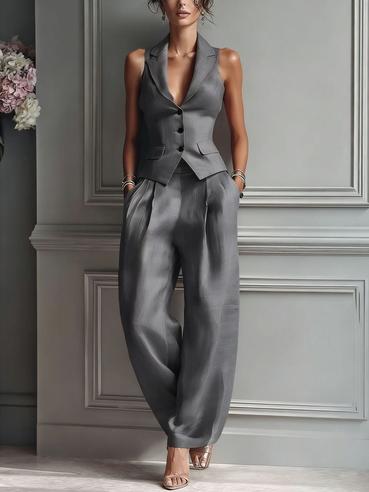 Completo Donna Elegante Due Pezzi Collo a V Senza Maniche