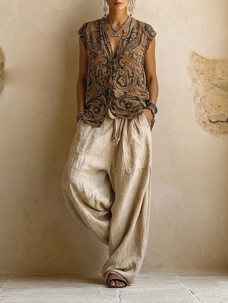 Completo Donna 3 Pezzi Lino Cotone Top Stampato Cardigan Pantalone Largo
