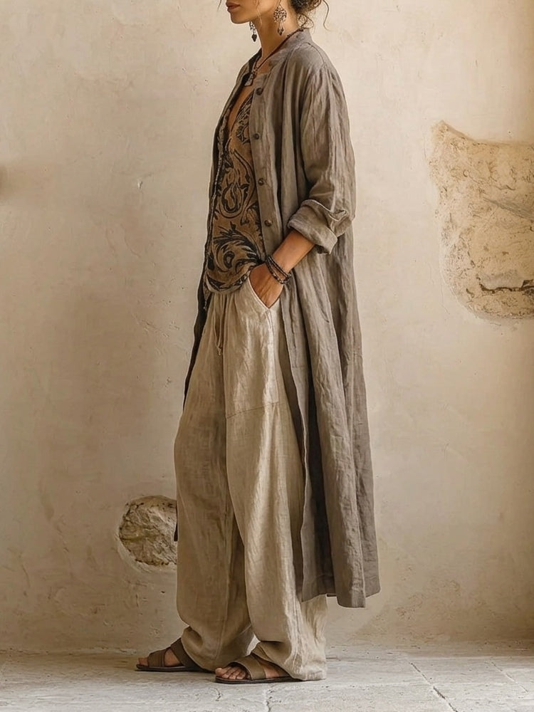Completo Donna 3 Pezzi Lino Cotone Top Stampato Cardigan Pantalone Largo