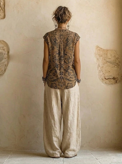Completo Donna 3 Pezzi Lino Cotone Top Stampato Cardigan Pantalone Largo