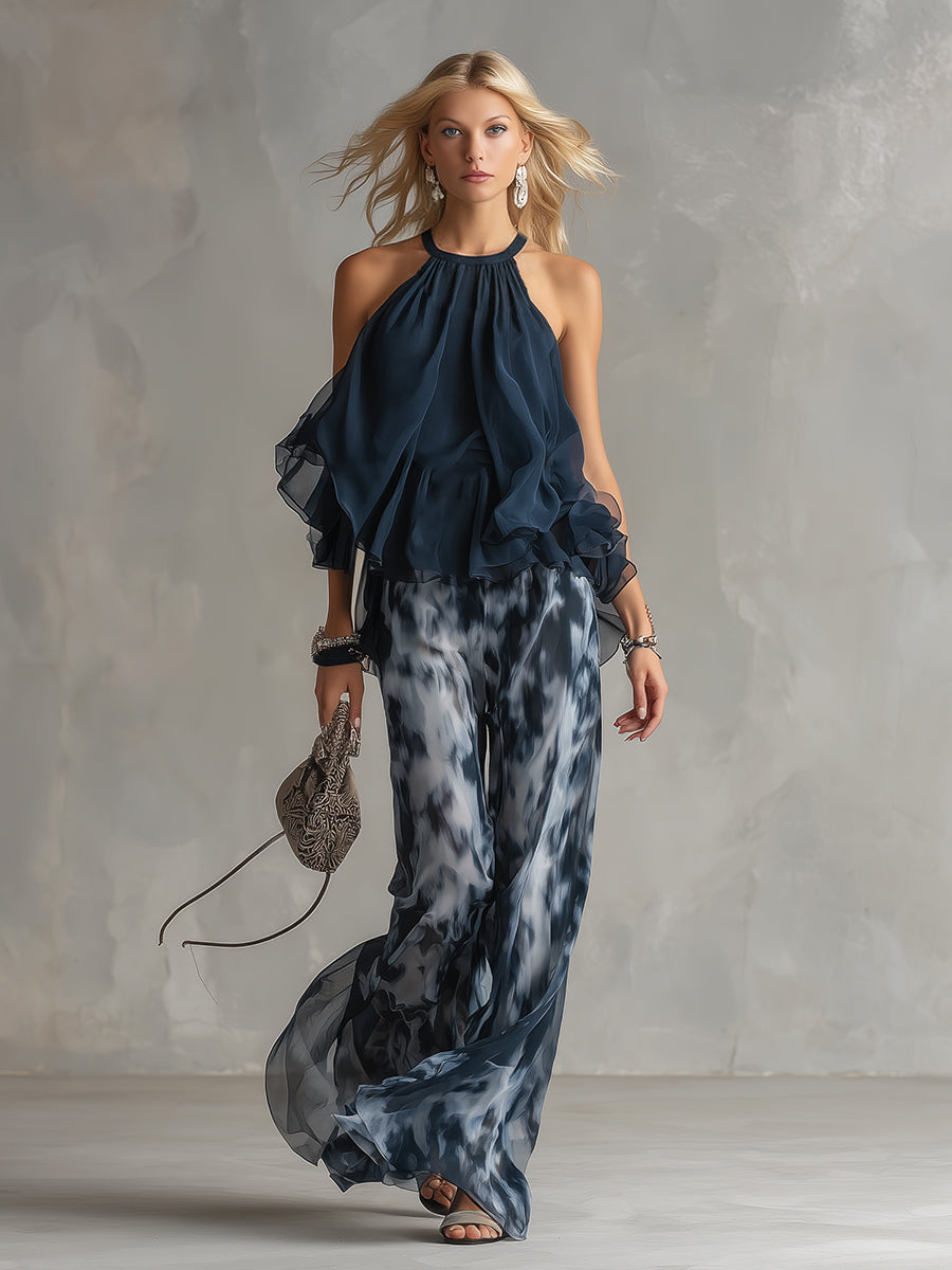 Completo Due Pezzi Donna Top Halter Volant Pantalone Largo Chiffon Elegante