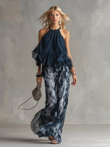 Completo Due Pezzi Donna Top Halter Volant Pantalone Largo Chiffon Elegante