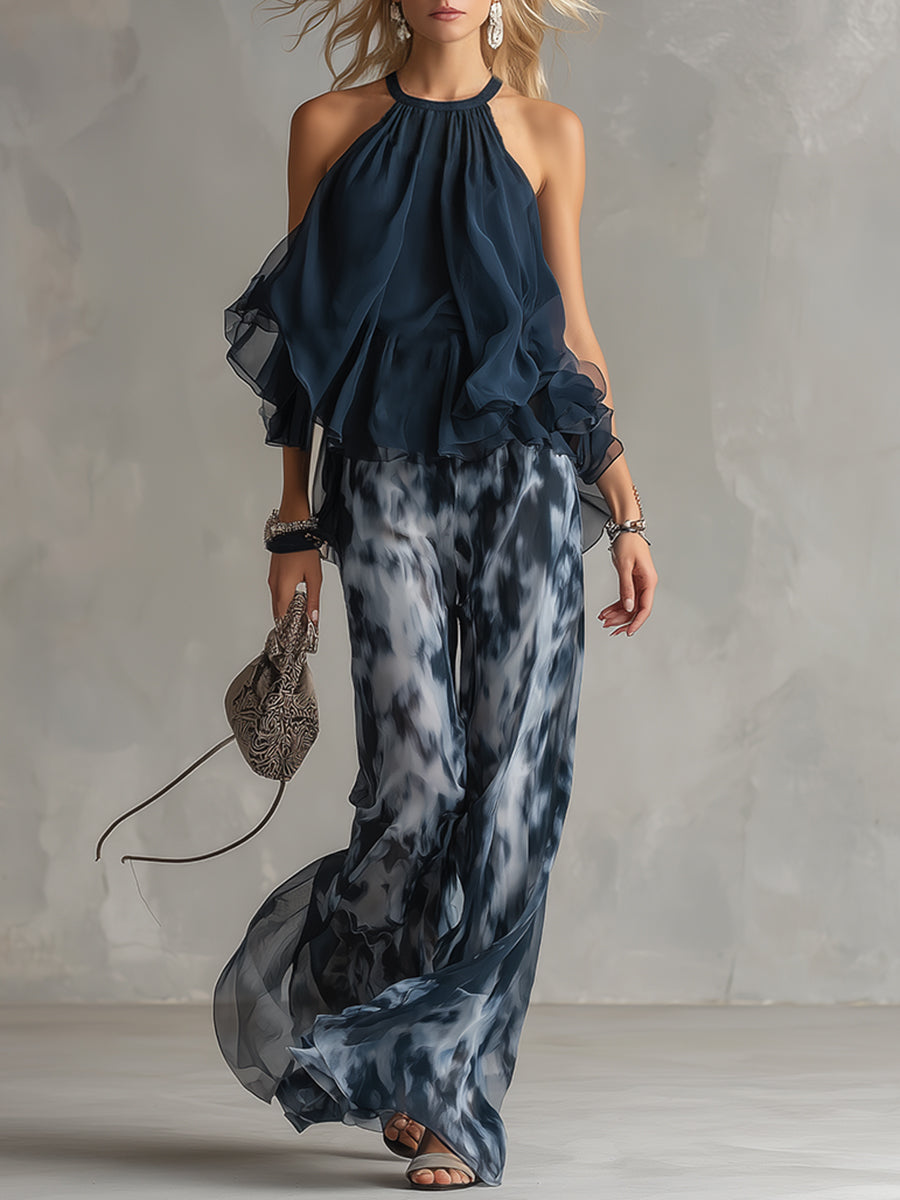 Completo Due Pezzi Donna Top Halter Volant Pantalone Largo Chiffon Elegante