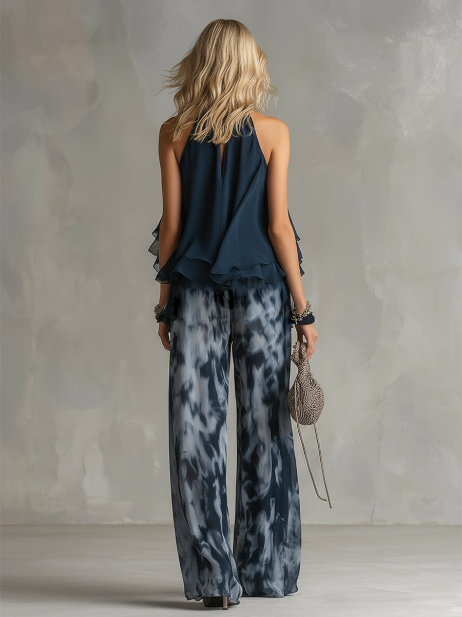 Completo Due Pezzi Donna Top Halter Volant Pantalone Largo Chiffon Elegante