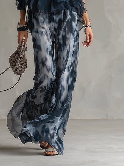 Completo Due Pezzi Donna Top Halter Volant Pantalone Largo Chiffon Elegante