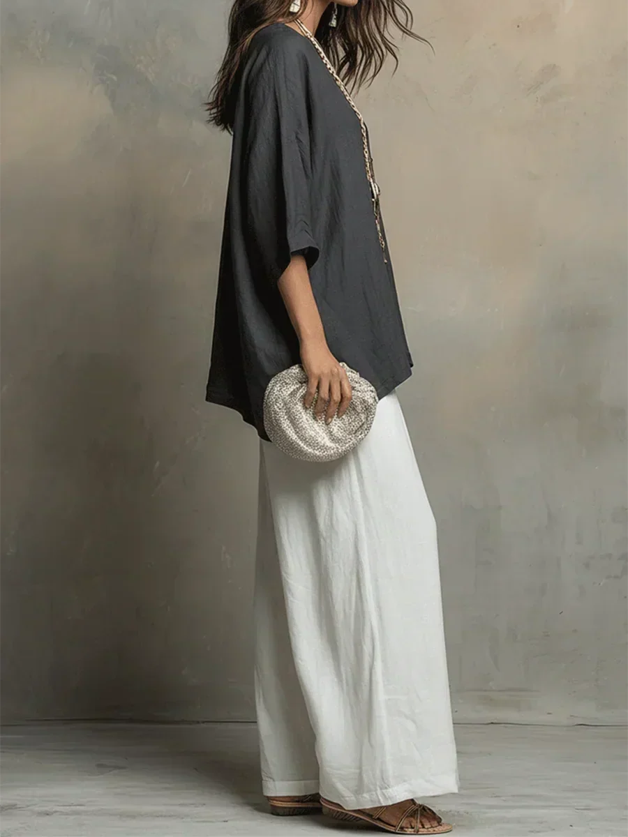 Completo Donna Lino Due Pezzi Ampio Casual Stile Estivo