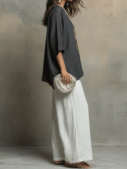 Completo Donna Lino Due Pezzi Ampio Casual Stile Estivo