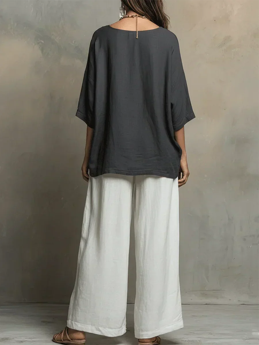 Completo Donna Lino Due Pezzi Ampio Casual Stile Estivo