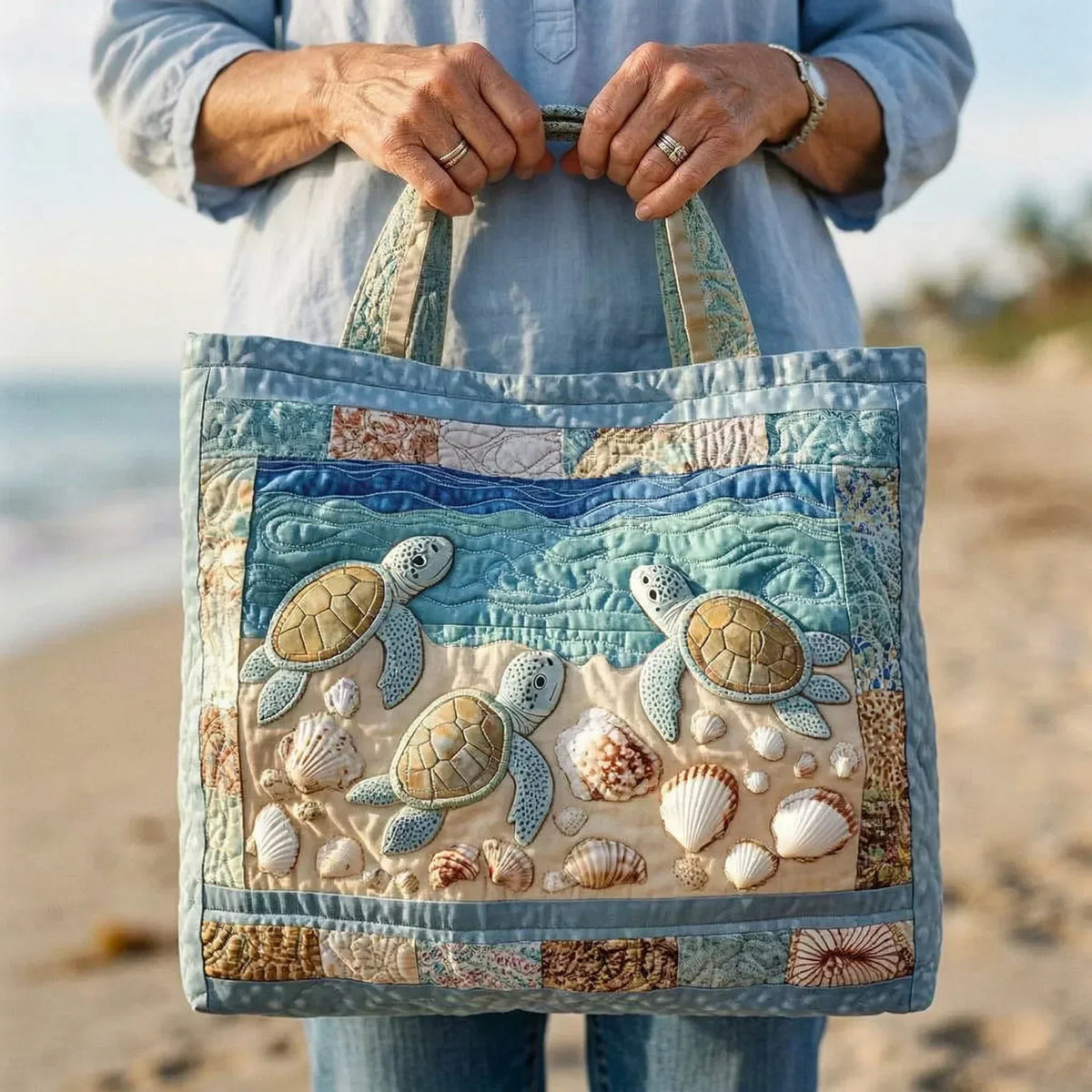 Borsa Tote Artigianale Trapuntata - Tartarughe Marine