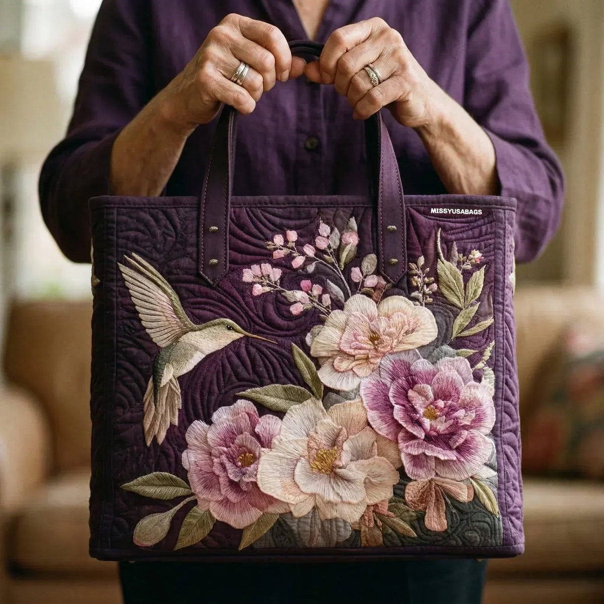 Borsa Artigianale Trapuntata - Colibrì e Orchidee