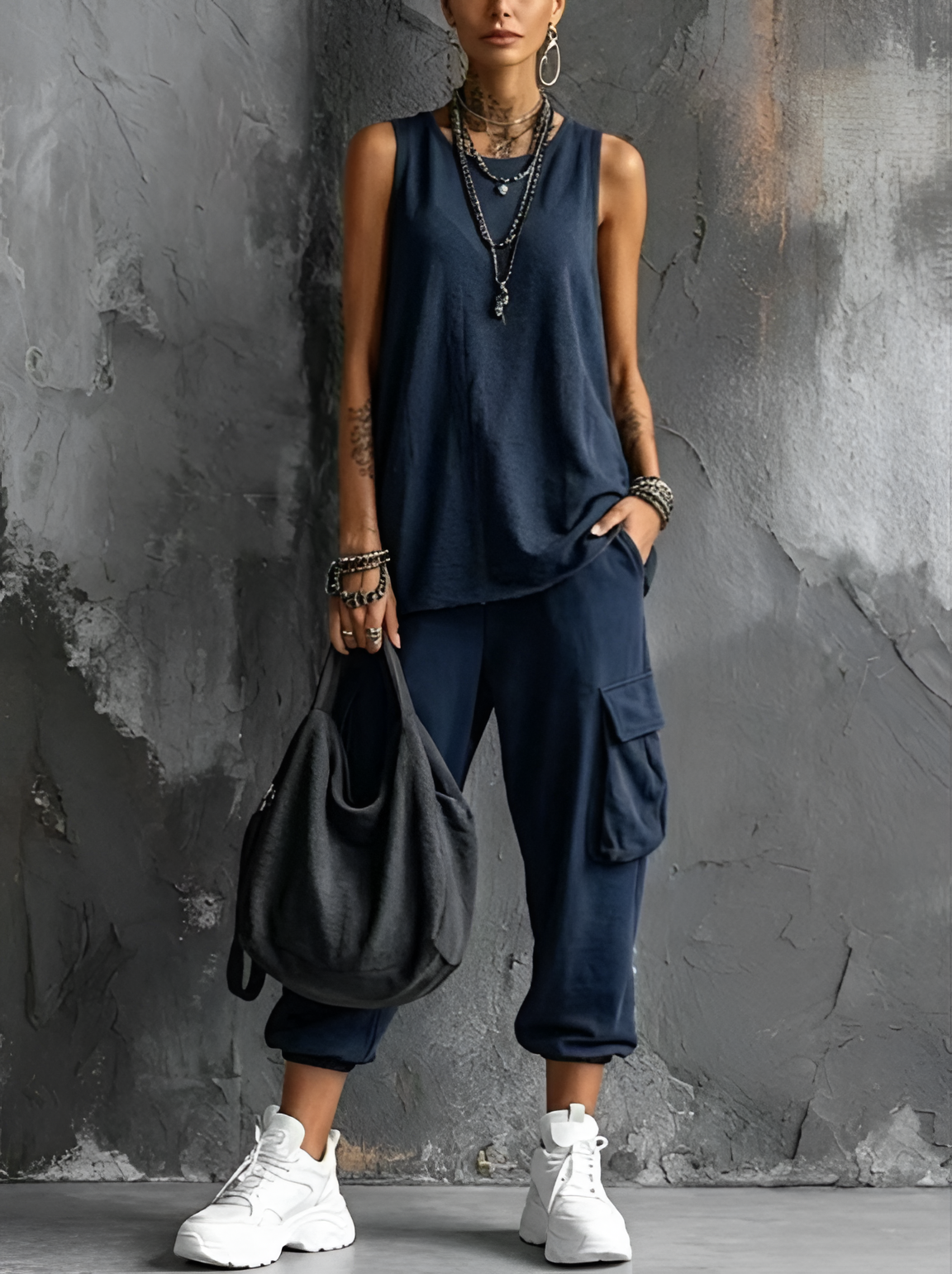 Completo donna casual con top senza maniche e pantaloni cargo