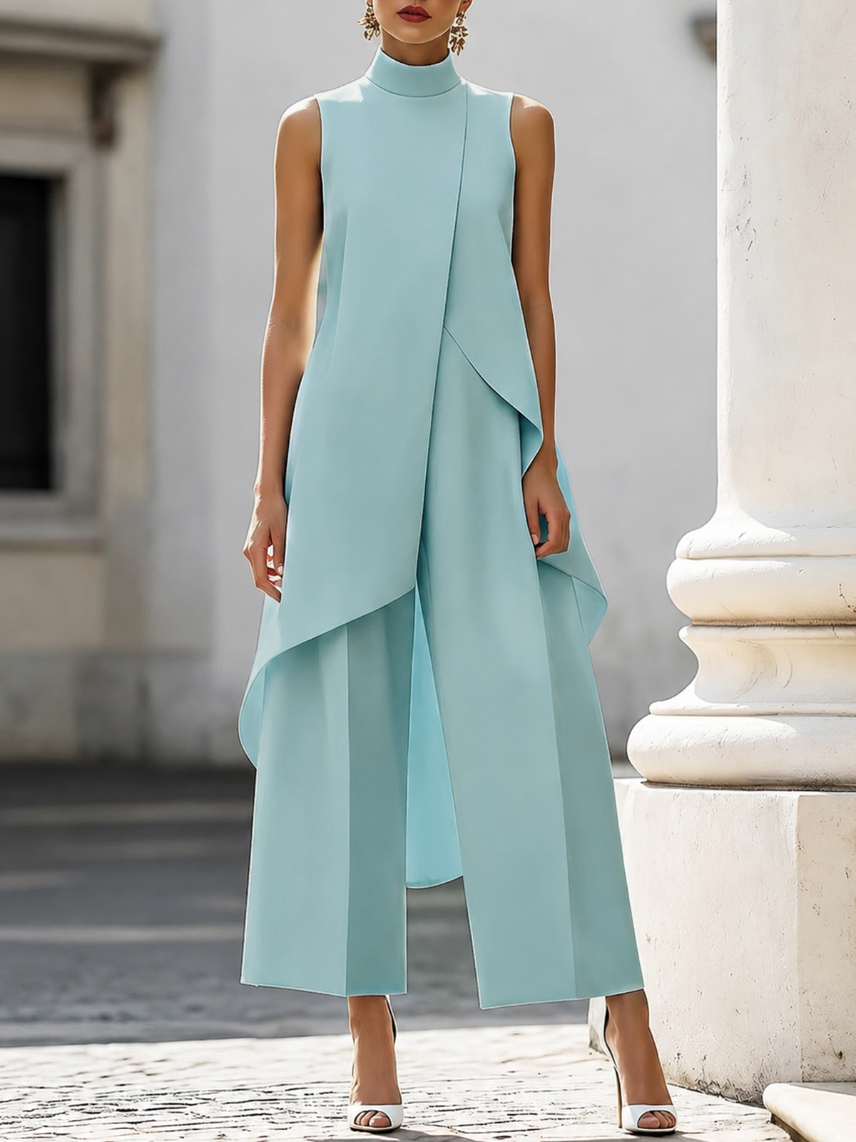 Combinazione donna elegante con colletto alto e taglio asimmetrico