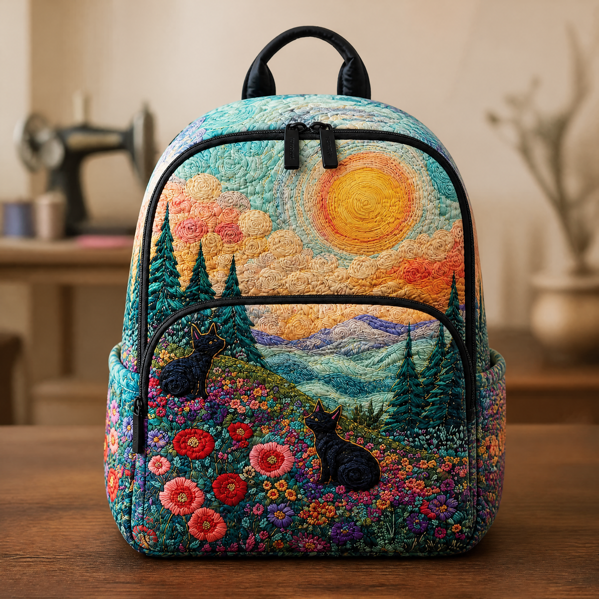 Mochila Acolchada con Flores y Montañas