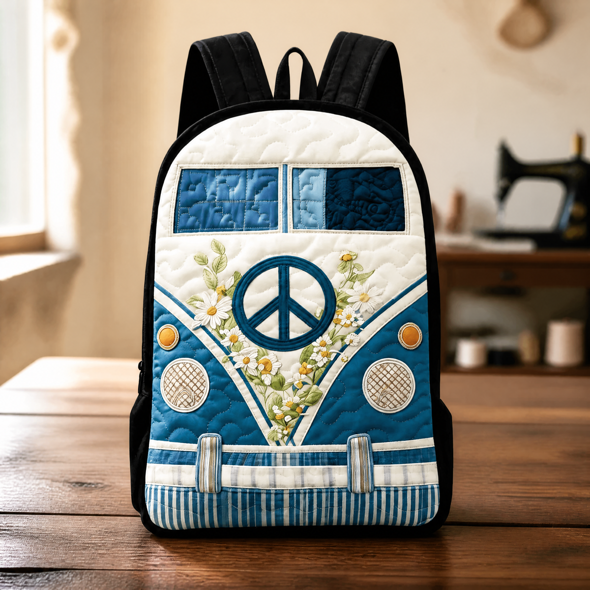 Mochila Acolchada Camper Retro con Tirantes Negros