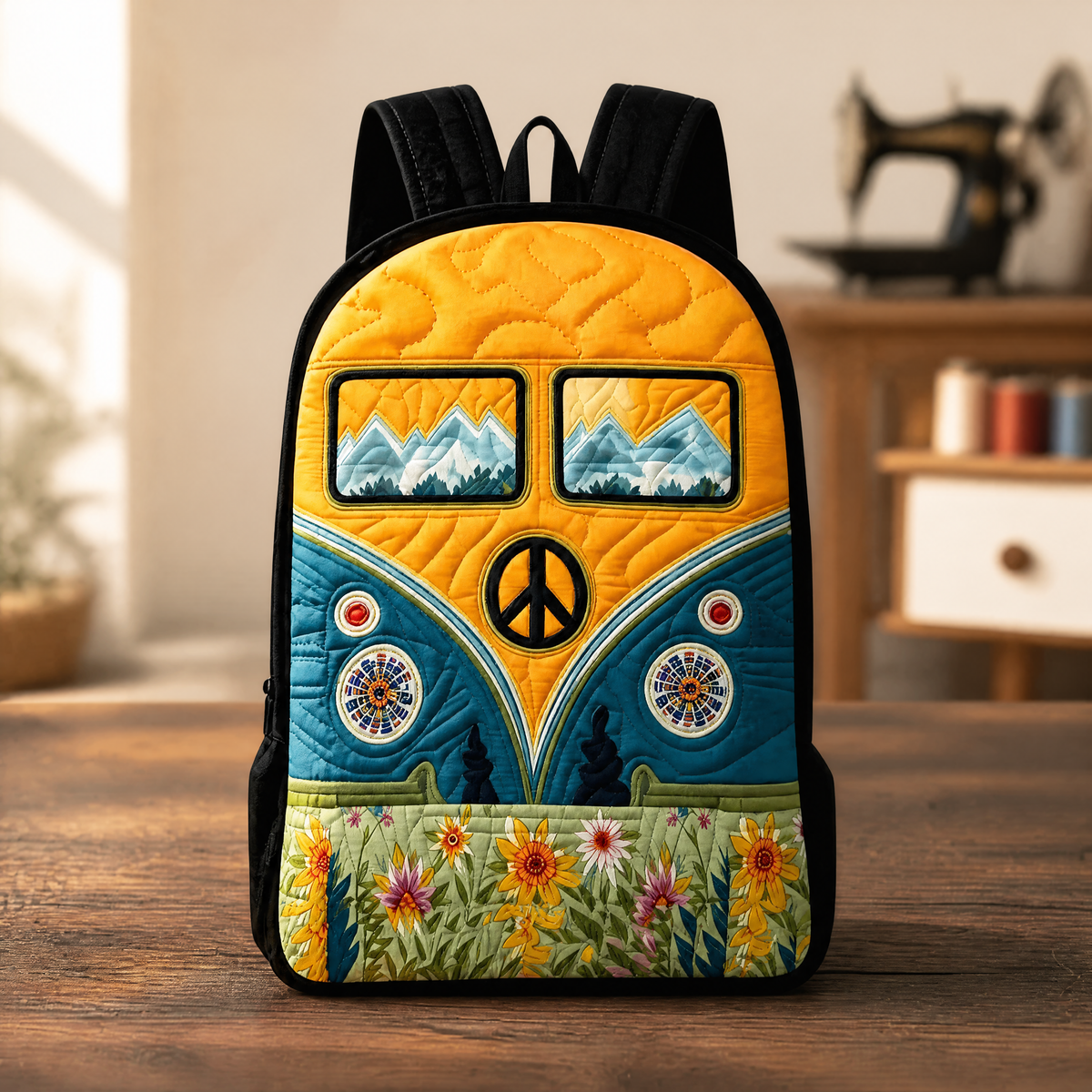 Mochila Acolchada Camper Vintage con Tirantes Negros