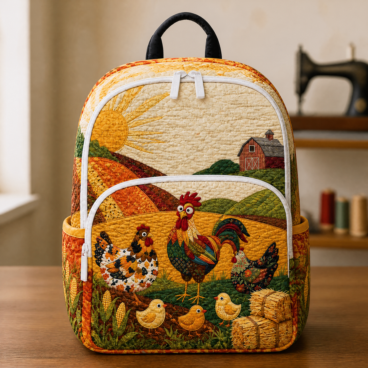 Mochila Acolchada Estilo Country con Gallinas y Granero