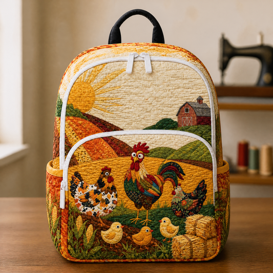 Mochila Acolchada Estilo Country con Gallinas y Granero