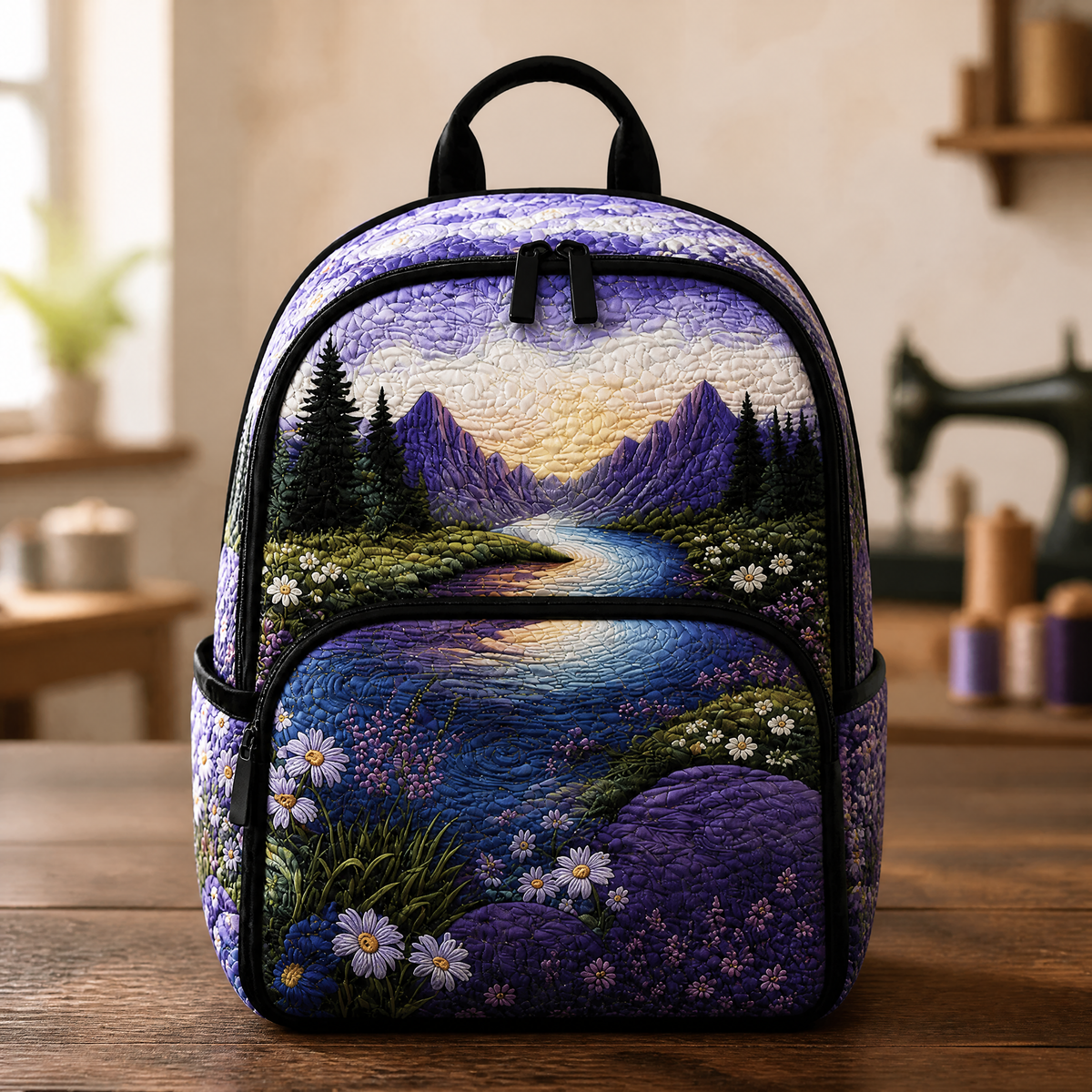 Mochila Acolchada Morada con Flores y Montañas