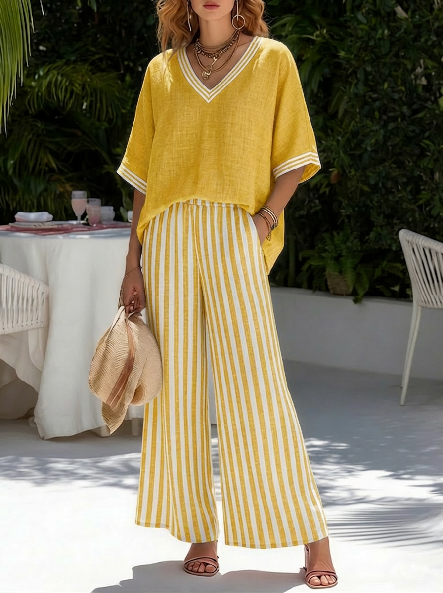 Completo Donna Rigato Lino Cotone Taglio Ampio Elegante Casual