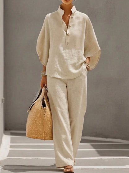 Completo Donna in Lino Cotone Maniche a Pipistrello Pantaloni Larghi Elegante