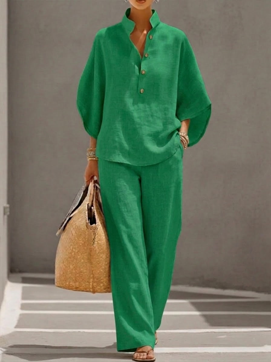 Completo Donna in Lino Cotone Maniche a Pipistrello Pantaloni Larghi Elegante