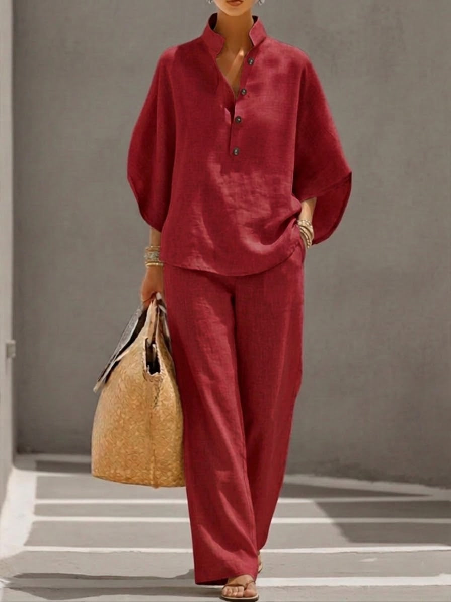 Completo Donna in Lino Cotone Maniche a Pipistrello Pantaloni Larghi Elegante