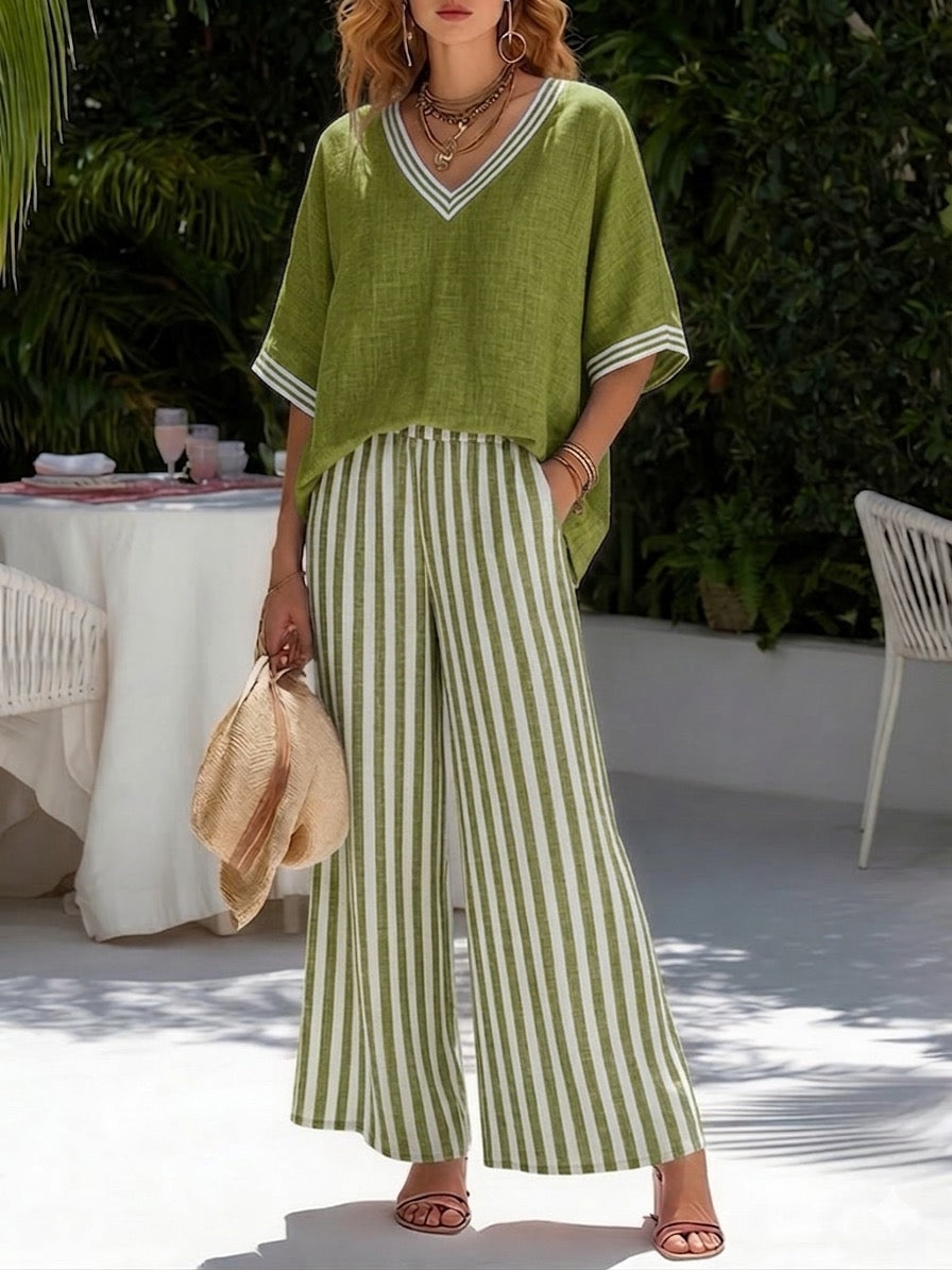 Completo Donna Rigato Lino Cotone Taglio Ampio Elegante Casual