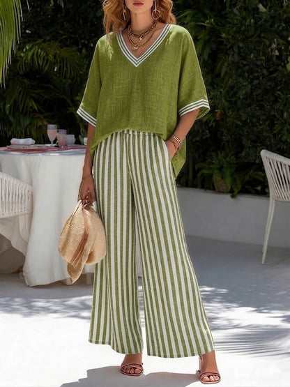 Completo Donna Rigato Lino Cotone Taglio Ampio Elegante Casual