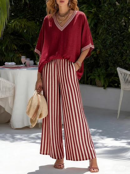 Completo Donna Rigato Lino Cotone Taglio Ampio Elegante Casual