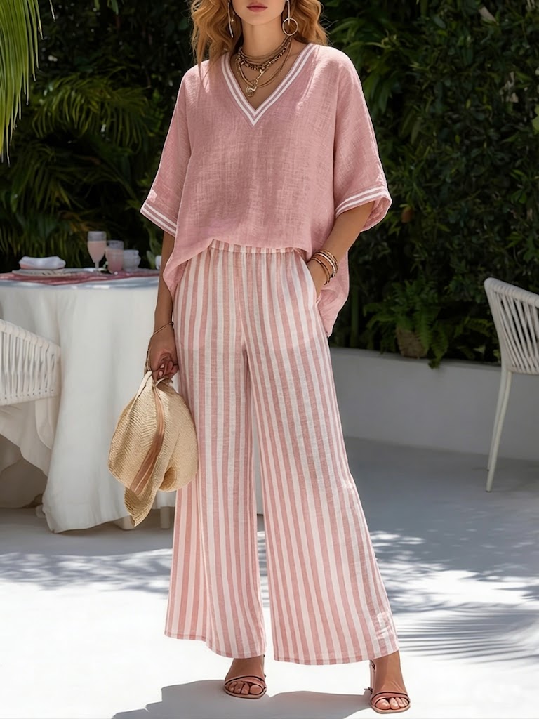 Completo Donna Rigato Lino Cotone Taglio Ampio Elegante Casual