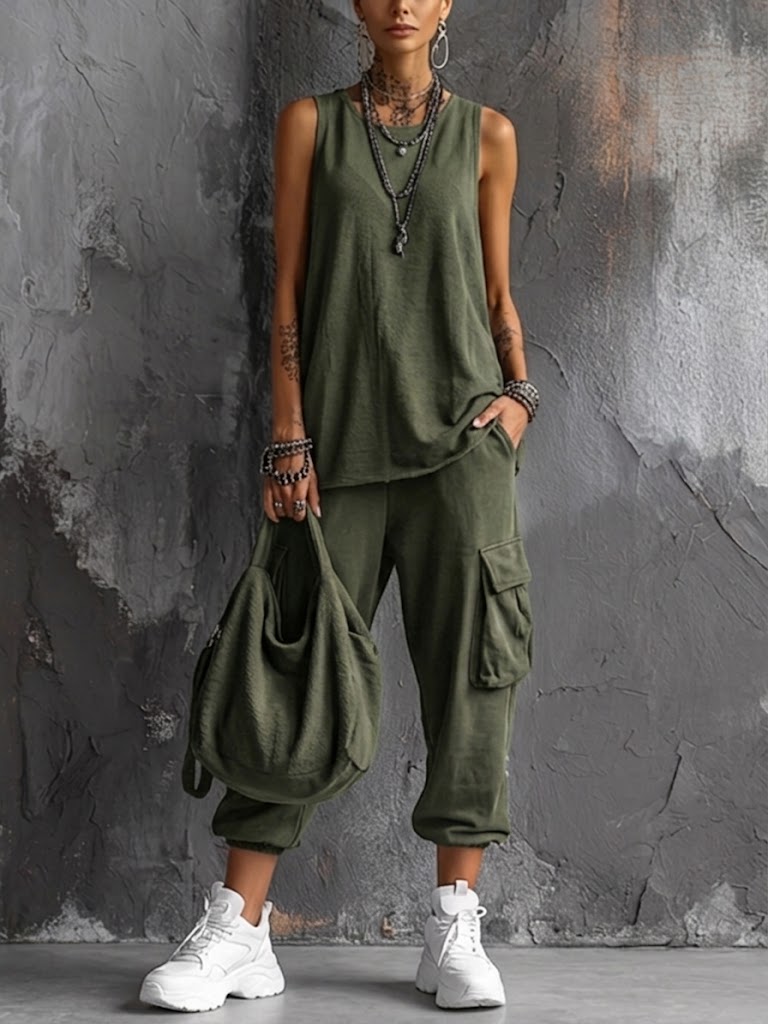 Completo donna casual con top senza maniche e pantaloni cargo
