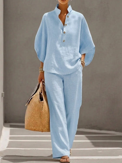 Completo Donna in Lino Cotone Maniche a Pipistrello Pantaloni Larghi Elegante