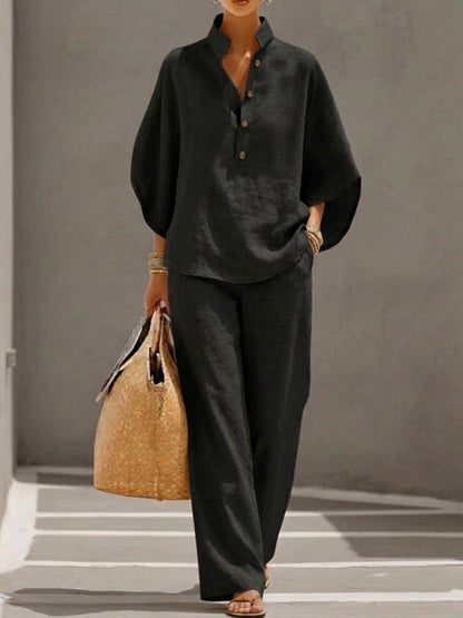 Completo Donna in Lino Cotone Maniche a Pipistrello Pantaloni Larghi Elegante