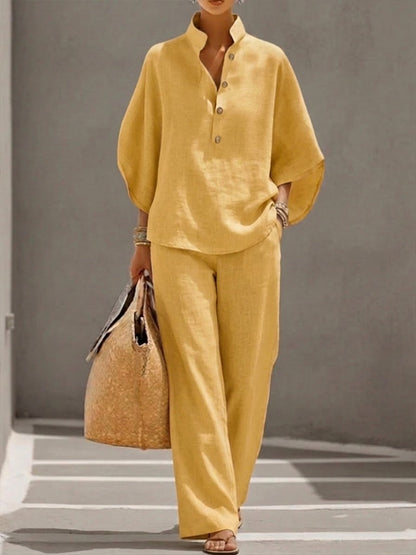 Completo Donna in Lino Cotone Maniche a Pipistrello Pantaloni Larghi Elegante
